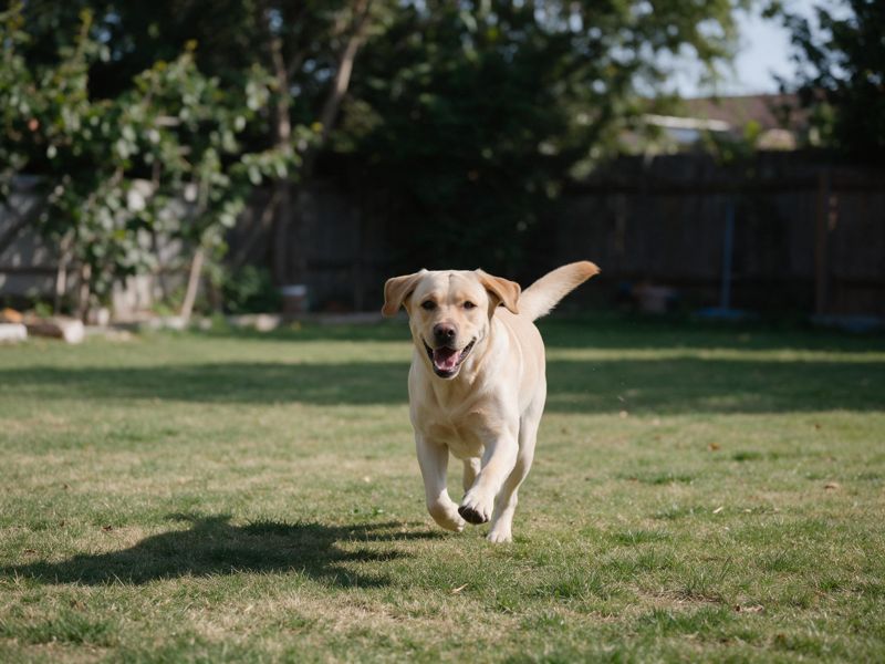 Yellow Lab running across a backyard lawn