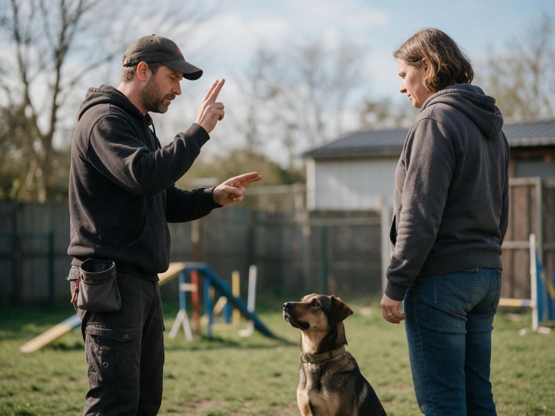 Trainer giving a hand signal to a dog as its owner watches in a backyard near Naples, Florida