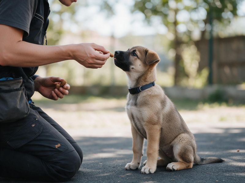 Handler offering a treat to a seated puppy on a leash